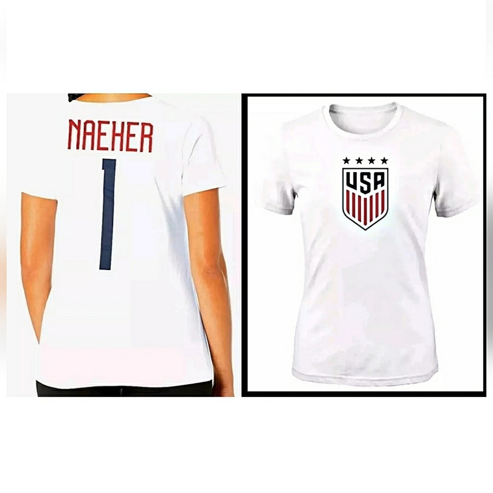 New U.S. Soccer Naeher #1 USWNT T-Shirt! M, Women. White. Cotton. Streches